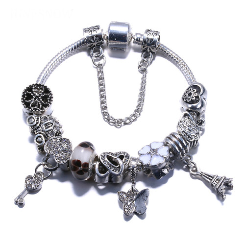Women silver Plated Bracelets With Head Beads And Key&Tower