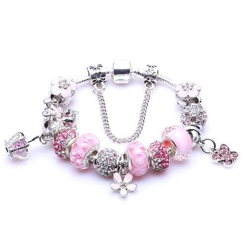 Women Gift Pink Crystal Beads European Queen Crown Charm pendant