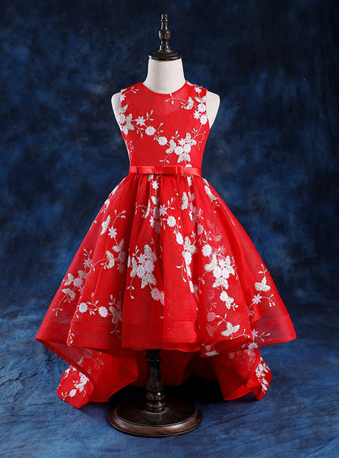 Red Hi Lo Scoop Neck Appliques Flower Girl Dress With Bow