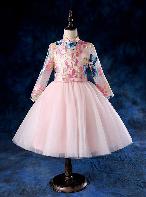 Pink Long Sleeve Tulle High Neck Flower Girl Dress