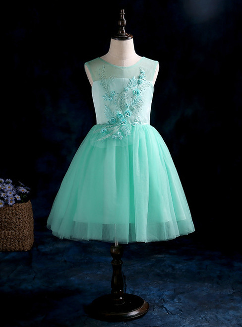 A-Line Green Sleeveless Tulle Appliques Flower Girl Dress