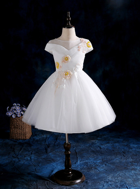 2017 White Cap Sleeve Tulle Beading Flower Girl Dress