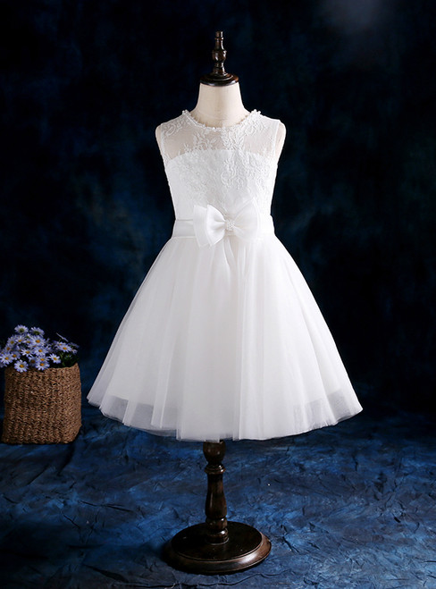 A-Line White Tulle With Bow Pearls Flower Girl Dress