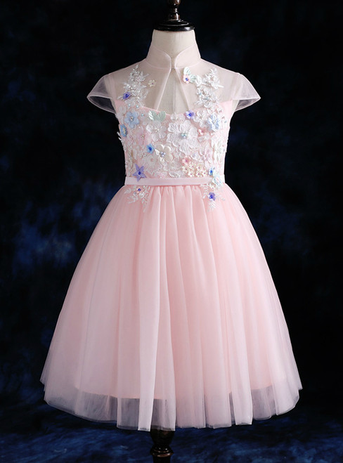 Girl Ball Gown Pink Tulle Cap Sleeve Flower Girl