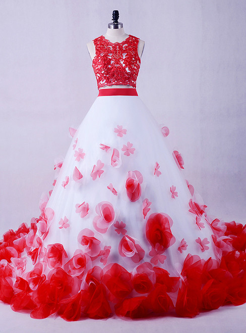 White and red two piece vintage lace prom dress with ball gown skirt