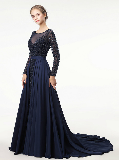 Illusion O-Neck Long Sleeve Blue Party Gowns