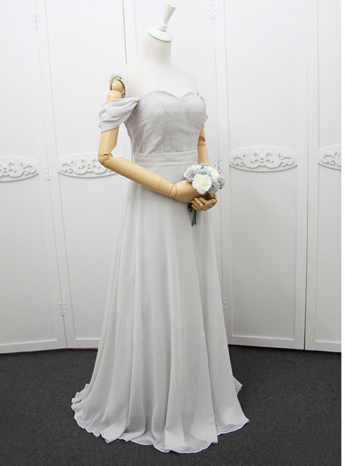 In Stock:Ship in 48 hours Off The Shoulder Chiffon Gray Bridesmaid Dress