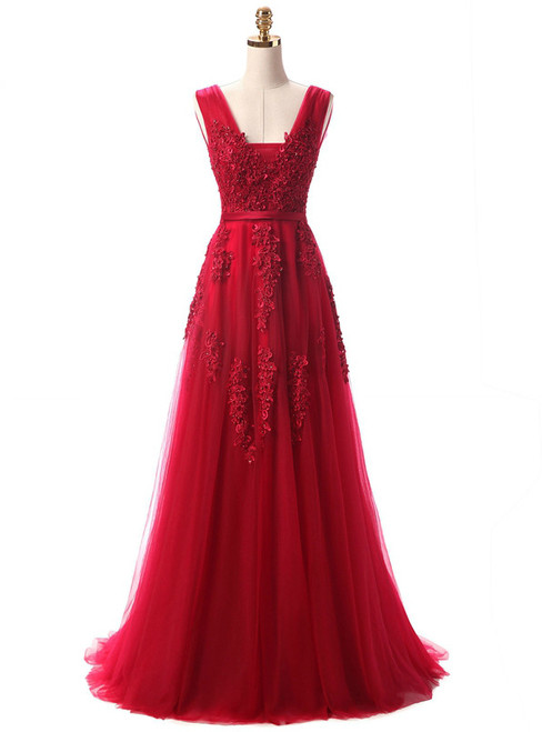 In Stock:Ship in 48 hours Burgundy V Neck Long Appliques Prom Dresses