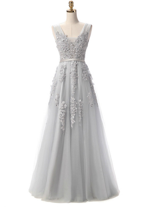 In Stock:Ship in 48 hours Grey Long Lace Appliques Prom Dresses