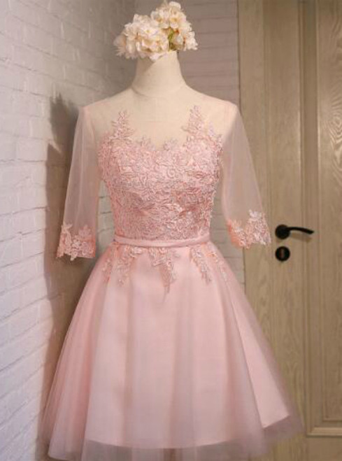 In Stock:Ship in 48 hours Pink 3/4 Sleeve Homecoming Dress