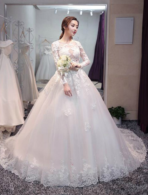 In Stock:Ship in 48 hours Long Sleeve Tulle Lace Wedding Dress