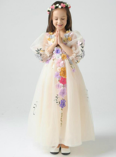 Long Sleeve Tulle Yellow Flower Girl Dress