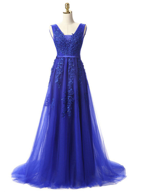 In Stock:Ship in 48 hours Blue Lace Beading Backless Prom Dress