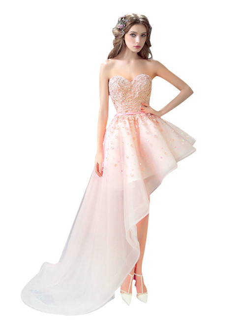In Stock:Ship in 48 hours Pink Lace Flowers Short Front Back Long Tail Prom Dress