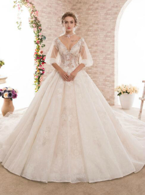 V-neck Ball Gown Backless Short Sleeve Luxury Haute Couture Wedding Dresses