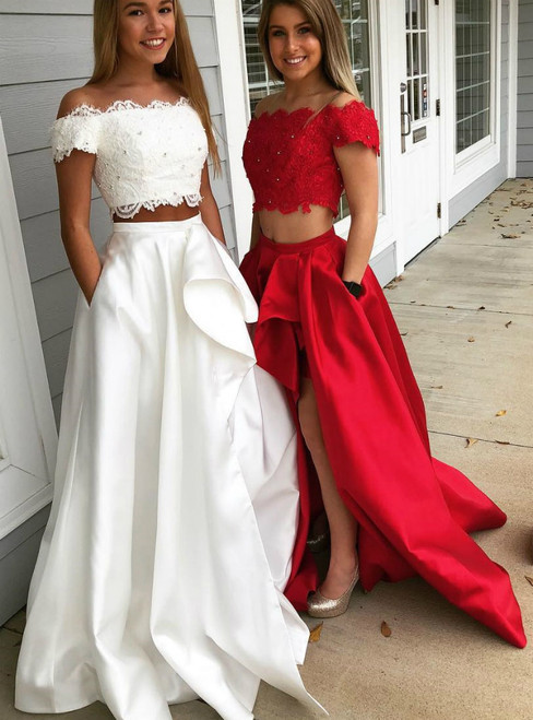 Two Piece Lace Applique Off the Shoulder Prom Dress