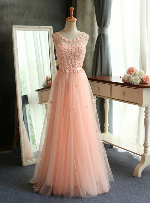 In Stock:Ship in 48 hours A-line Pink Appliques Tulle Prom Dress