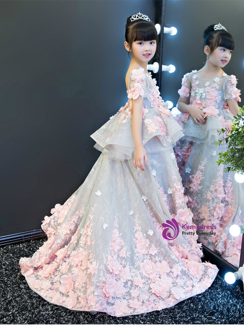 Short Sleeve Ball Gown Flower Girl Dress With Bow