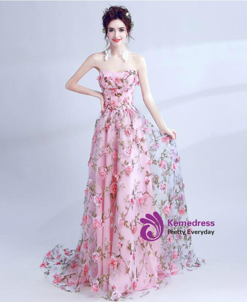 A Line Strapless Tulle Appliques Prom Dress LBQ1095 main image 1