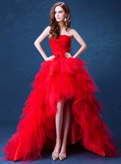 In Stock:Ship in 48 hours Cheap Red Hi Lo Tulle Crystal Prom Dress