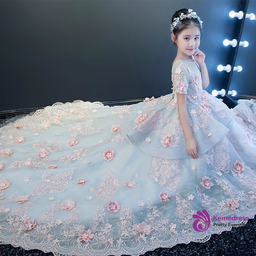 Flower Girl Dress with Bow Appliques - Short Sleeves Ball Gown Floor Length