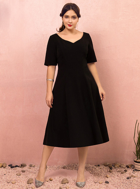 Plus Size Tea Length Black Short Sleeve Satin Prom Dress