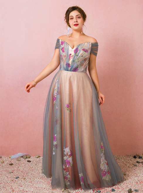 Plus Size Off The Shoulder Tulle Print Long Prom Dress