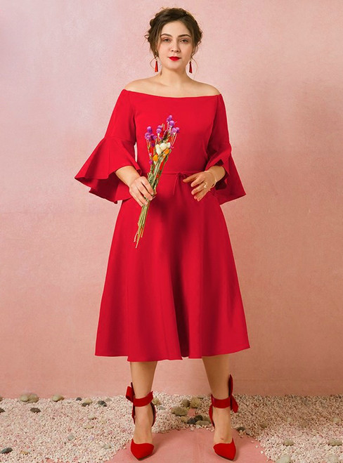 Plus Size Red Satin Off The Shoulder Tea Length Prom Dress