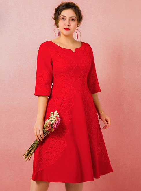 Plus Size Red Half Sleeve Lace Tea Length Prom Dress