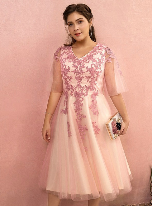 Plus Size A-line Pink Tulle Appliques V-Neck Short Prom Dress