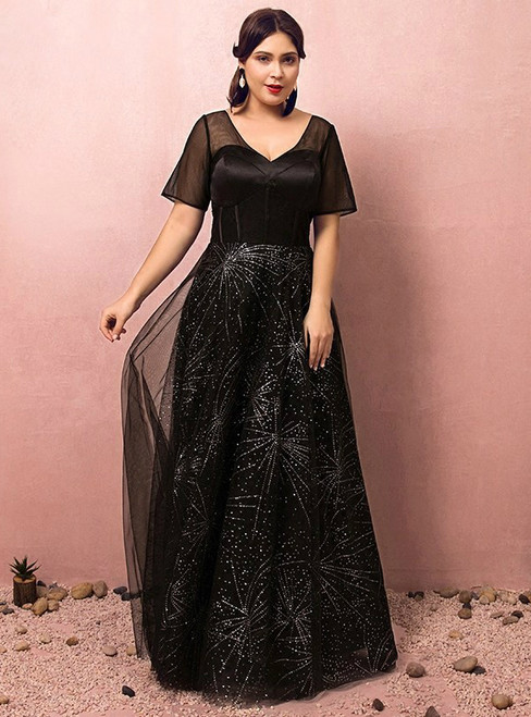 Plus Size Black Short Sleeve V-neck Prom Dress