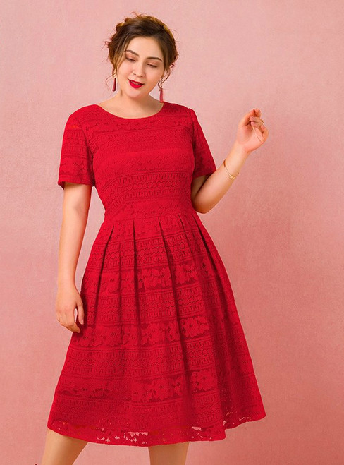 Plus Size Tea Length Red Lace Short Sleeve Prom Dress