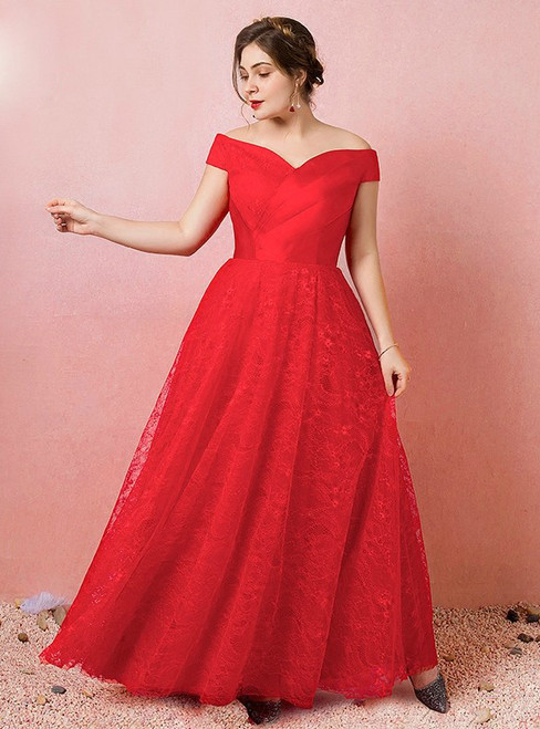 Plus Size Red Off The Shoulder Tulle Lace Prom Dress