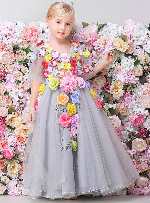 Gray Tulle Appliques Flower Girl Dress