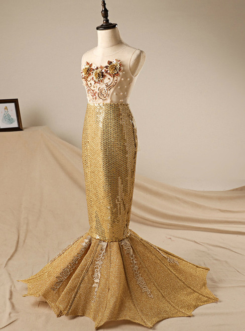 In Stock:Ship in 48 hours Mermaid Gold Sequins Flower Girl Dress