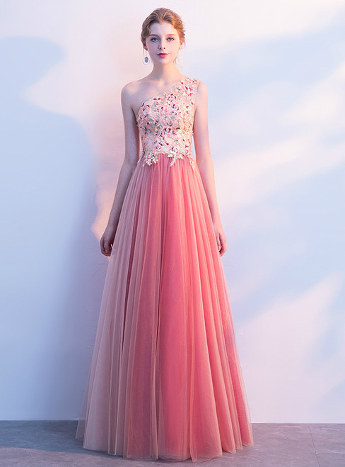 In Stock:Ship in 48 hours Pink Tulle One Shoulder Appliques Prom Dress