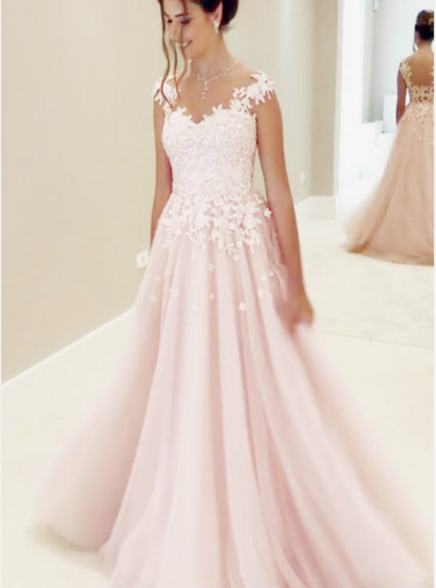 Lace Applique Pink Prom Dresses Long