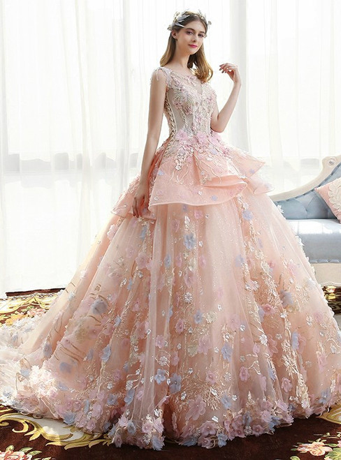 Haute Couture Pink Ball Gown Tulle Appliques Wedding Dress