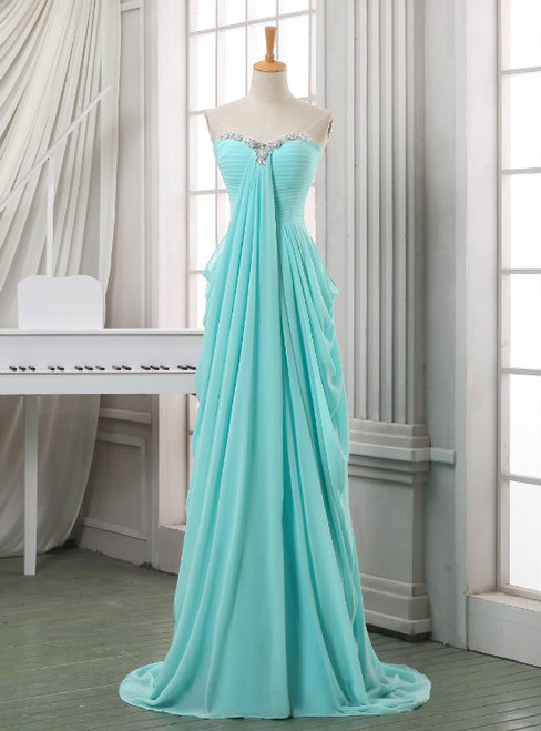 Long Blue Pleated Chiffon Sweetheart Neck Backless Prom Dresses