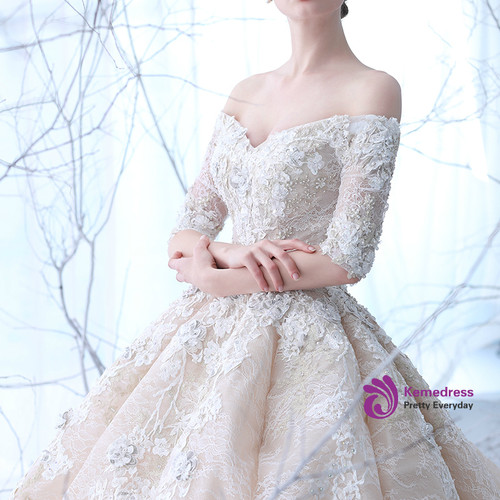 Short Appliqued Champagne Off the Shoulder Tulle Party Dress main image 1