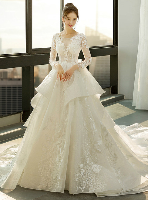 Ball Gown Ivory White Tulle Long Sleeve Backless Wedding Dress