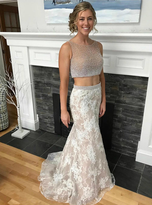 Two Piece Mermaid Lace Pearls Beaded Bodice Prom Dress