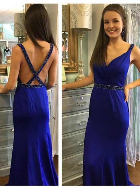 Royal Blue Chiffon Deep V-neck Crossed Straps Prom Dress