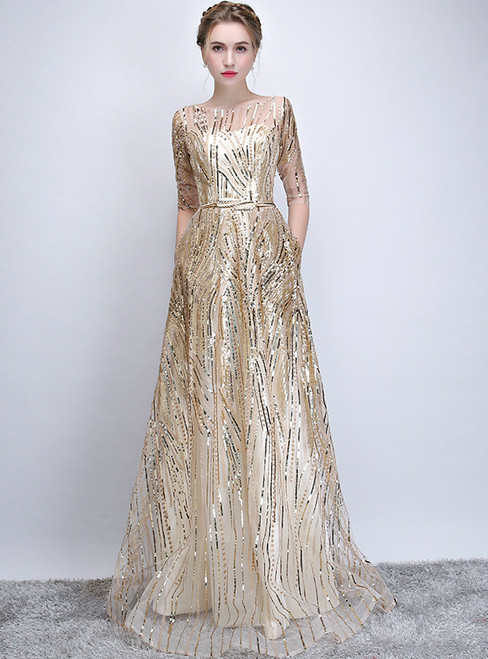 In Stock:Ship in 48 hours Gold Short Sleeve Sequins Prom Dress