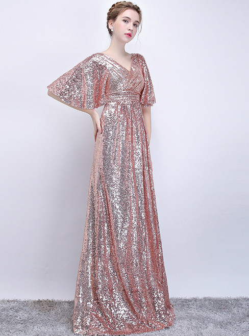 In Stock:Ship in 48 hours Pink Sequins V-neck Prom Dress