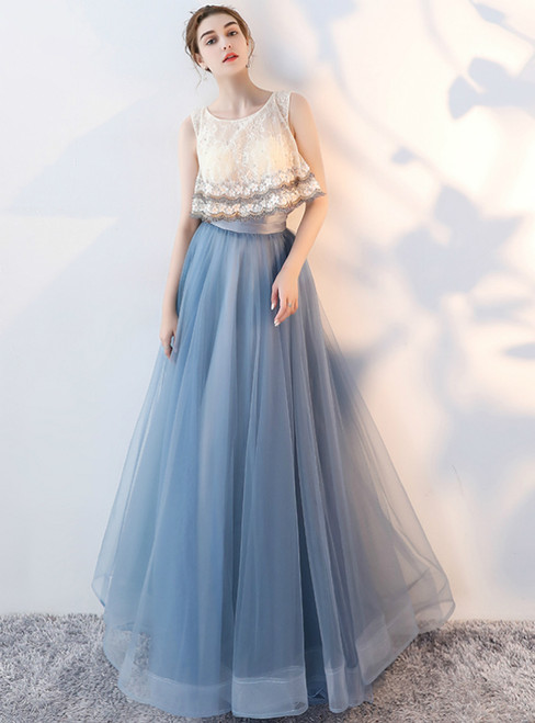 In Stock:Ship in 48 hours Blue Tulle Lace Backless Prom Dress