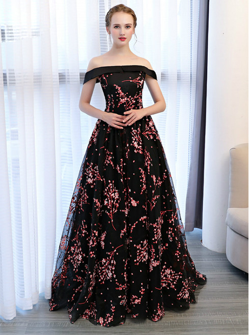 In Stock:Ship in 48 hours Black Off The Shoulder Print Prom Dress