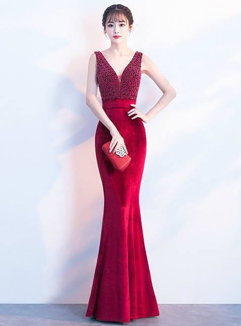 In Stock:Ship in 48 hours Mermaid Burgundy Velvet Prom Dress