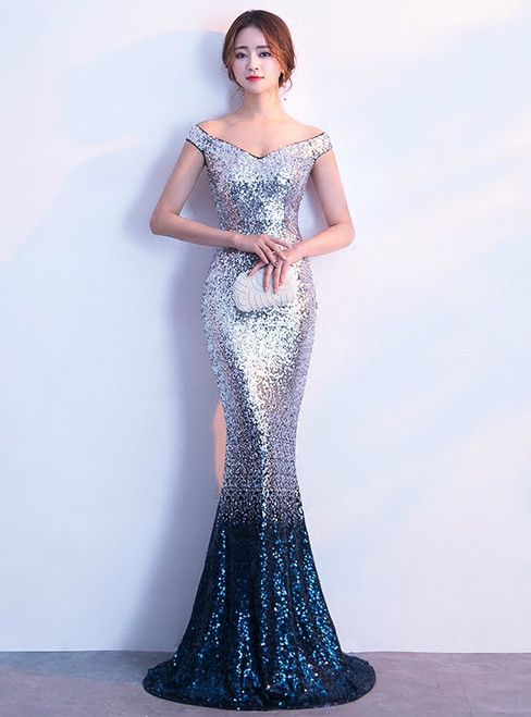 In Stock:Ship in 48 hours Blue Mermaid Sequins Off The Shoulder Prom Dress