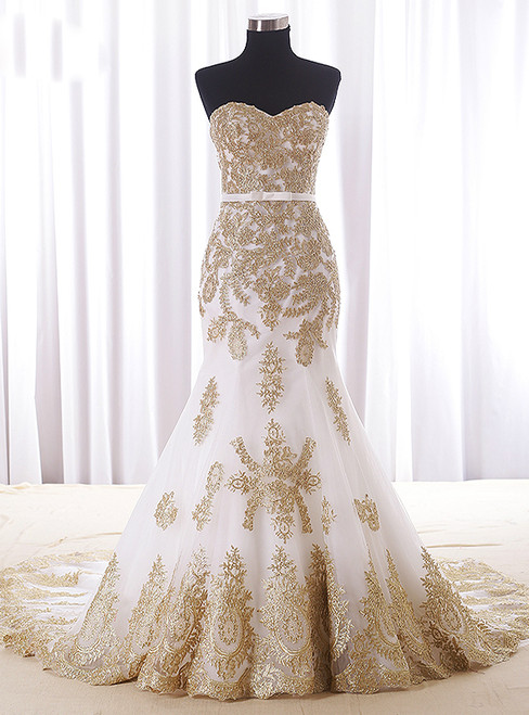 Mermaid white tulle wedding dress with gold lace appliqués